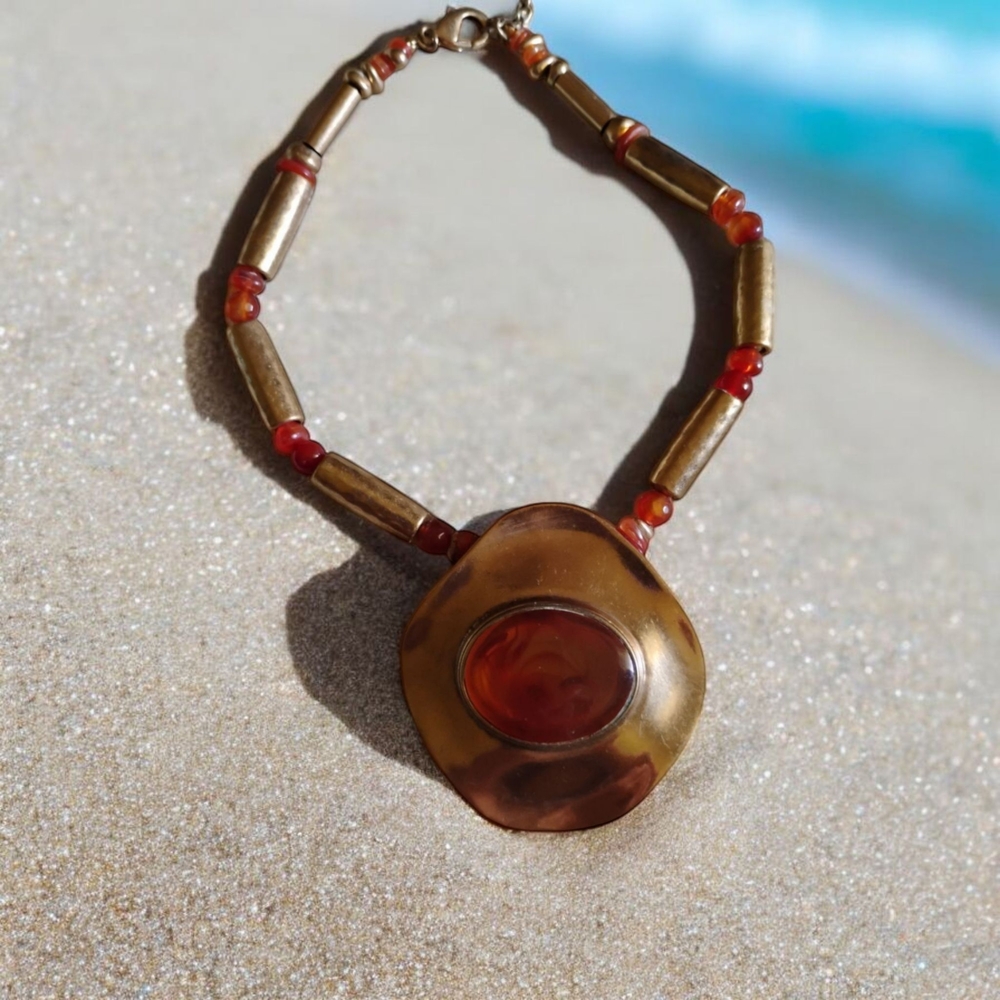 Chico's  Brass and Faux Amber Necklace, Statement Piece, Signed